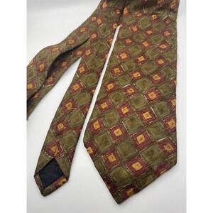Ferrell Reed Mens Silk Tie Olive Green Burgundy Geometric Diamond Made in USA